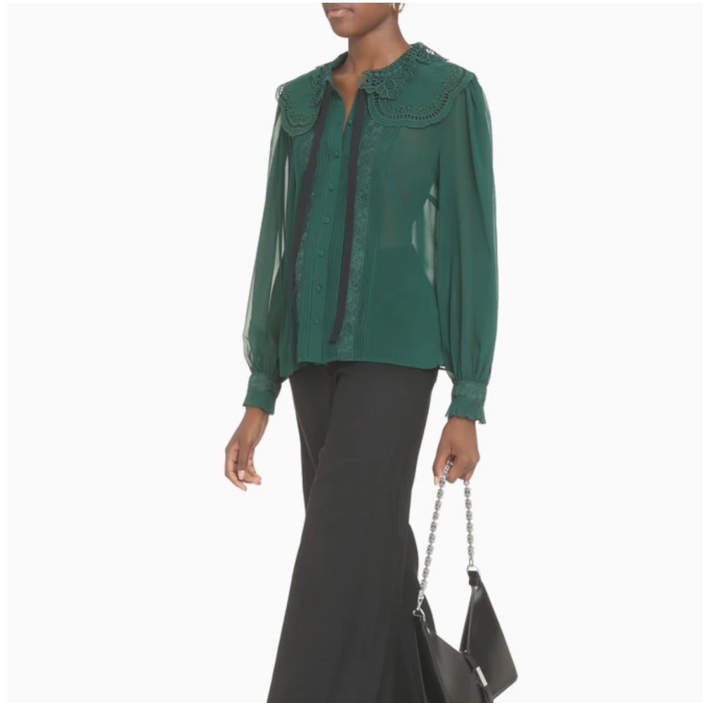 Self-Portrait Broderie‎ Collar Chiffon Blouse Green Size 4 Button Down Lace